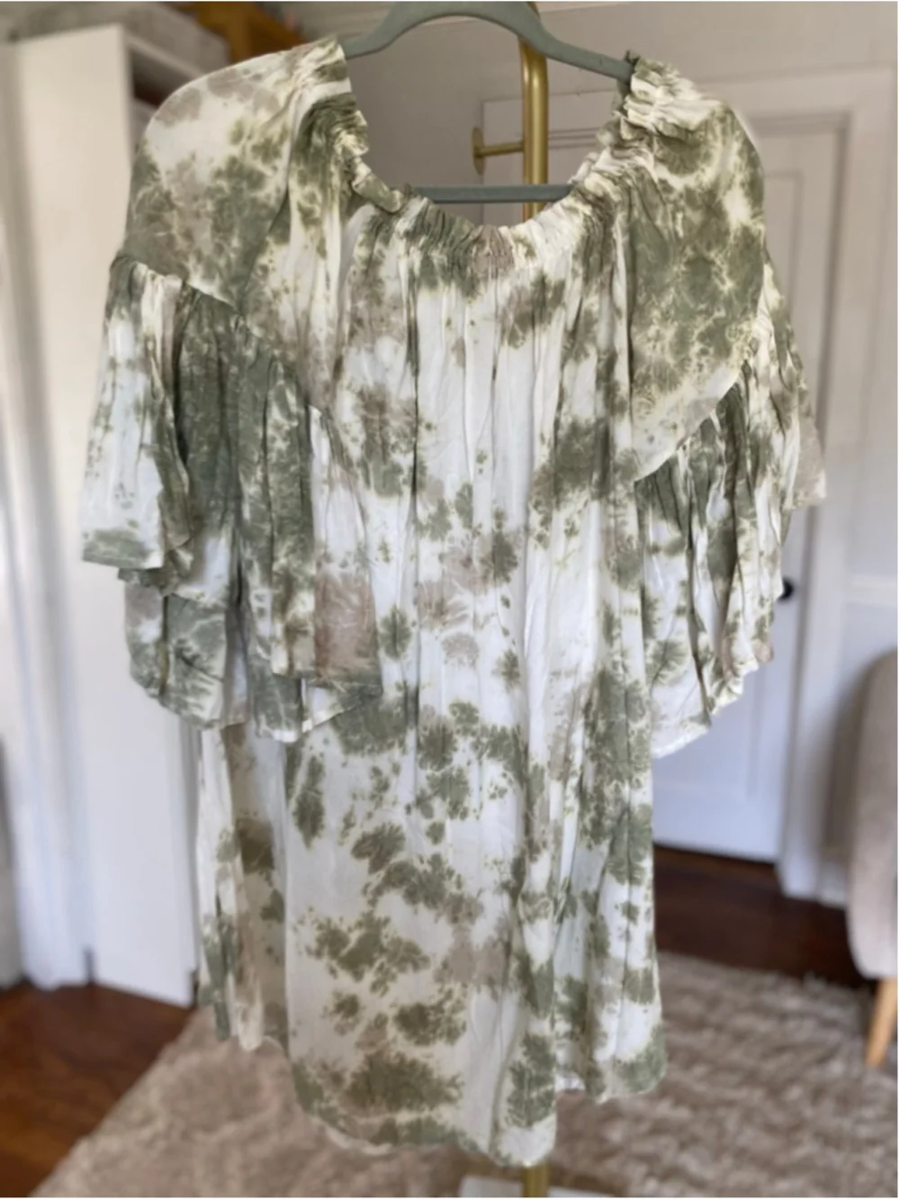 Feathers Olive Tie Dye Boho Mini Dress Flowy Romantic Cottagecore Festival Flowy